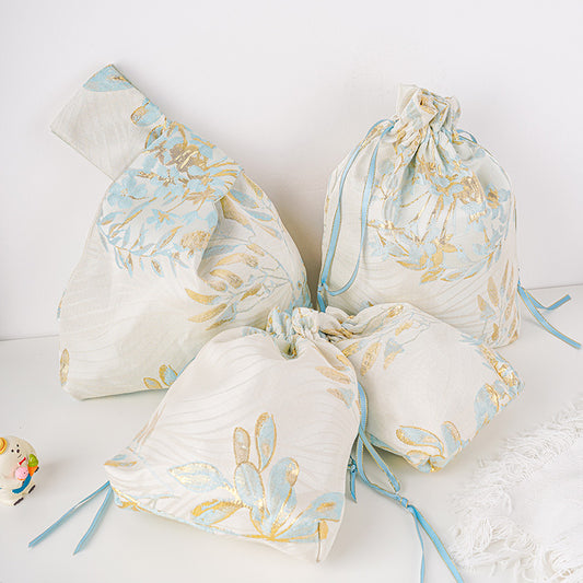 Golden Leaf Brocade Drawstring Favor Bags, Embroidered Satin Evening Wedding Bridesmaid Gift Pouch - 1
