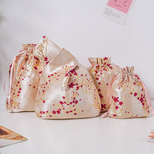 Red Plum Blossom Brocade Drawstring Favor Bags, Embroidered Satin Evening Wedding Bridesmaid Gift Pouch - 1