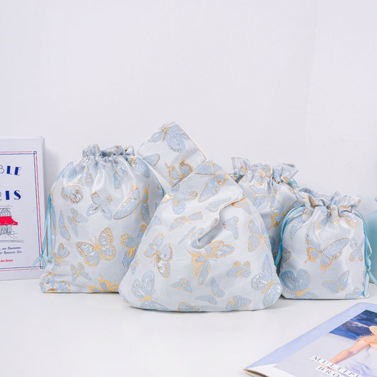 Butterfly Brocade Drawstring Favor Bags, Embroidered Satin Evening Wedding Bridesmaid Gift Pouch - 1