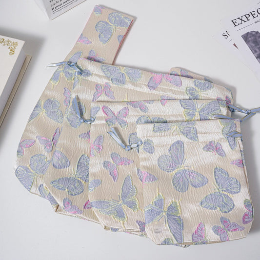 Blue Purple Butterfly Brocade Drawstring Favor Bags, Embroidered Satin Evening Wedding Bridesmaid Gift Pouch - 1