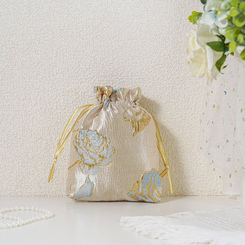 Gold Blue Rose patterned drawstring favor gift bag