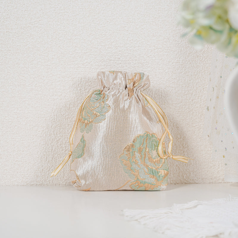 Gold Green Rose patterned drawstring favor gift bag