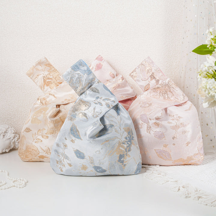 Gold Leaf Floral Satin Japanese Knot Bag