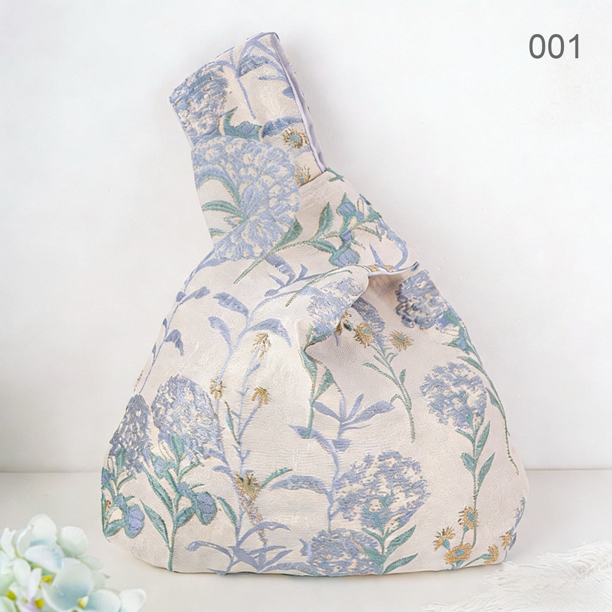 Blue Hydrangea Japanese knot wrist bag