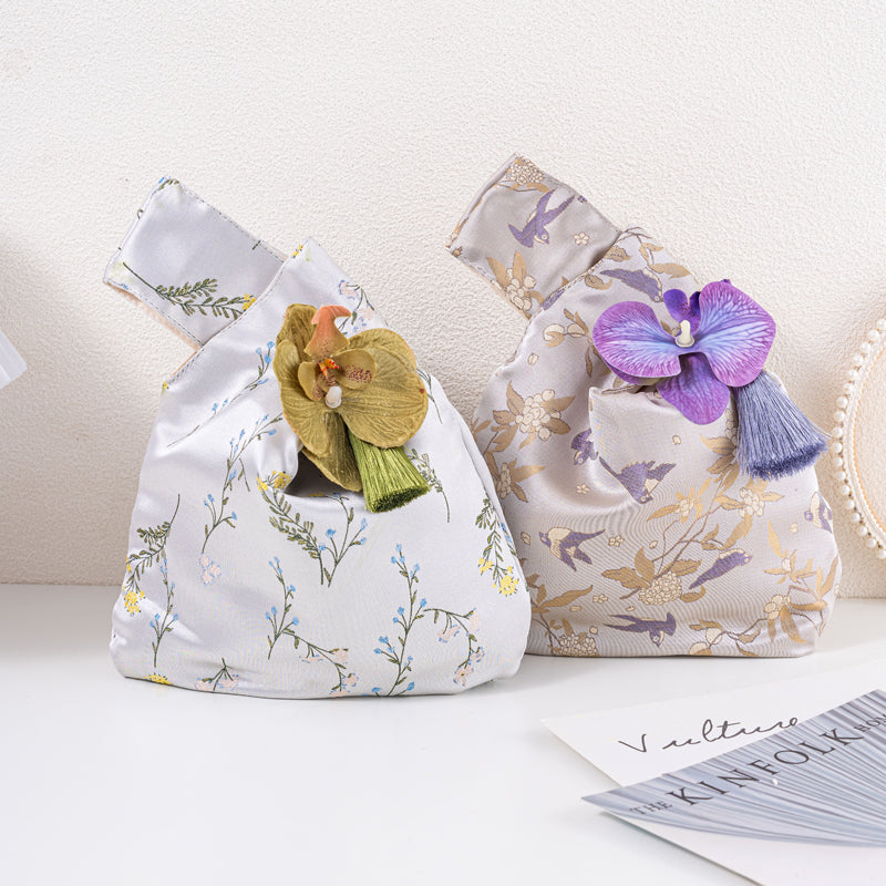 Romantic Floral & Bird Wedding Favor Knot Bag