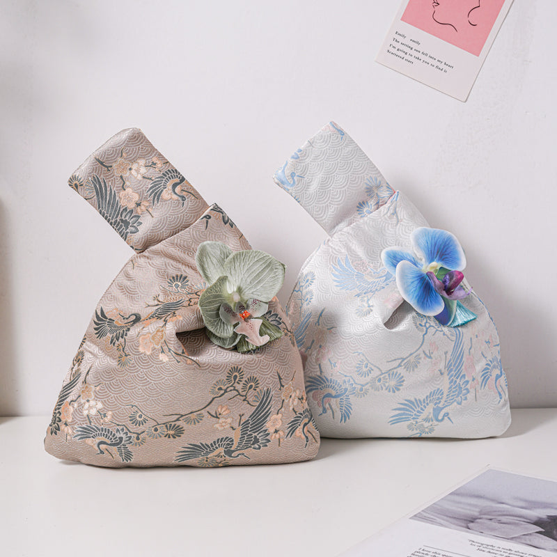 Elegant Crane Brocade Wedding Favor Knot Bag