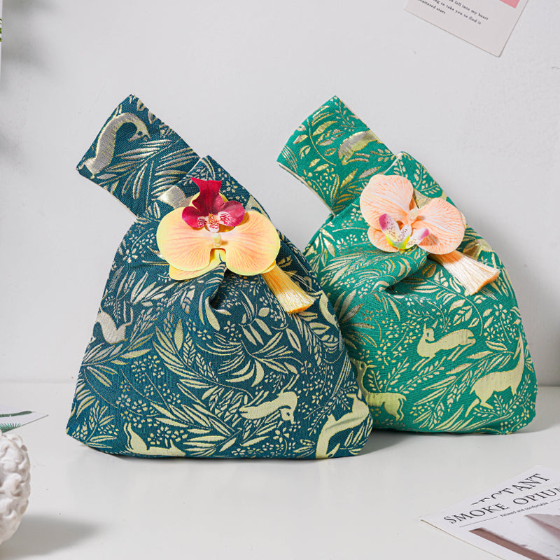 Enchanted Deer & Bird Brocade Wedding Favor Knot Bag