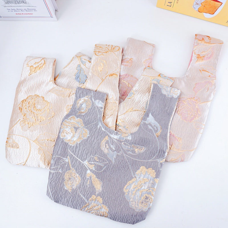 Elegant Rose Floral Brocade Wedding Favor Knot Bag - flatlay view