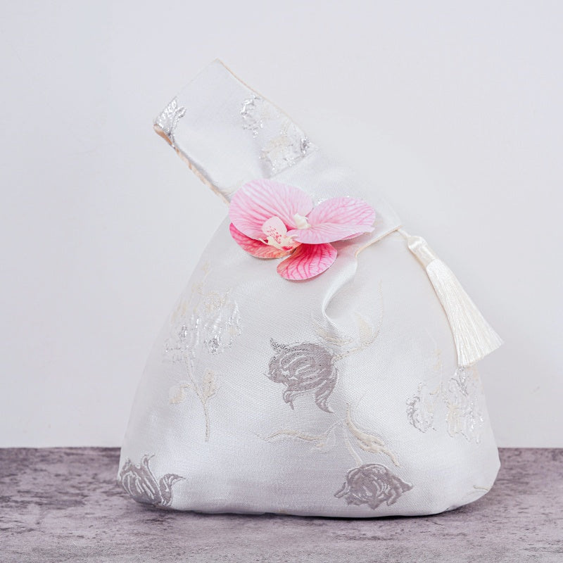 Luxurious Silver Phalaenopsis Brocade Wedding Favor Knot Bag - atmosphere view