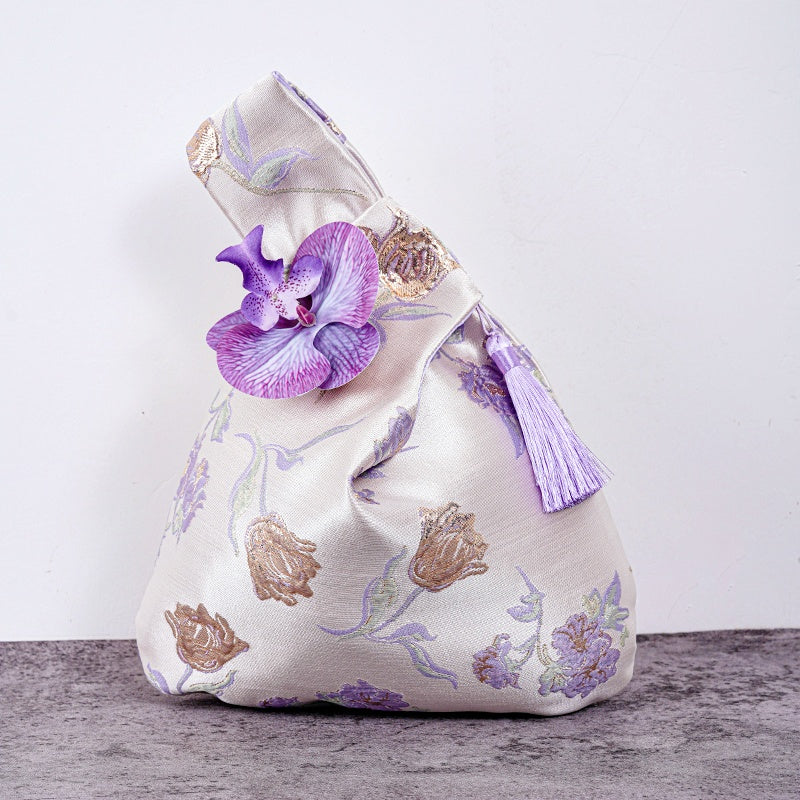 Luxurious Silver Phalaenopsis Brocade Wedding Favor Knot Bag - atmosphere view