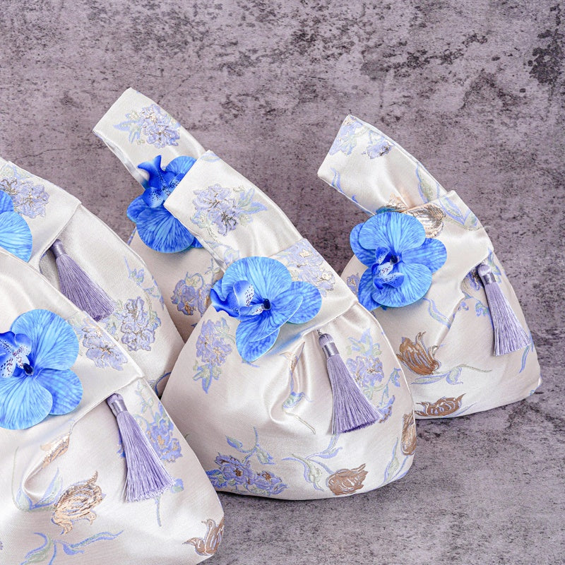 Luxurious Silver Phalaenopsis Brocade Wedding Favor Knot Bag - atmosphere view