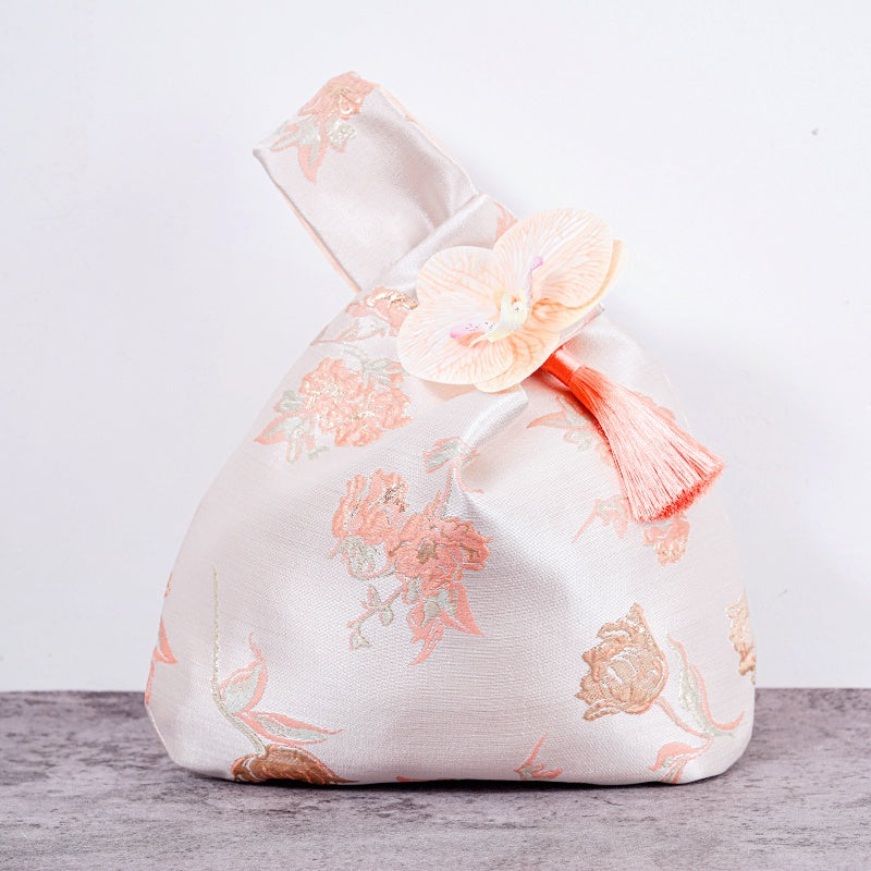 Luxurious Silver Phalaenopsis Brocade Wedding Favor Knot Bag - atmosphere view