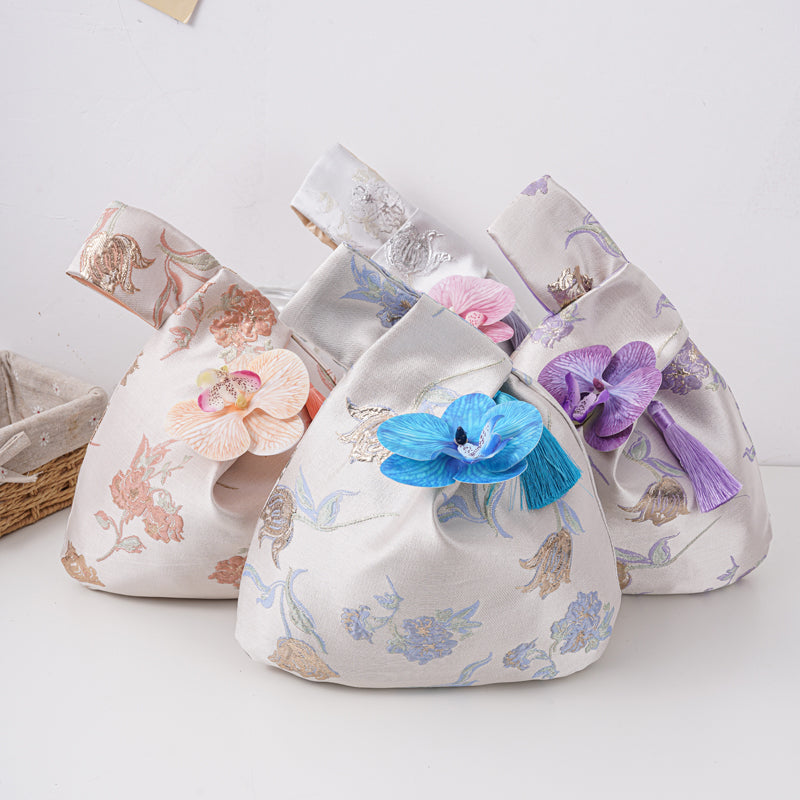 Luxurious Silver Phalaenopsis Brocade Wedding Favor Knot Bag - main view