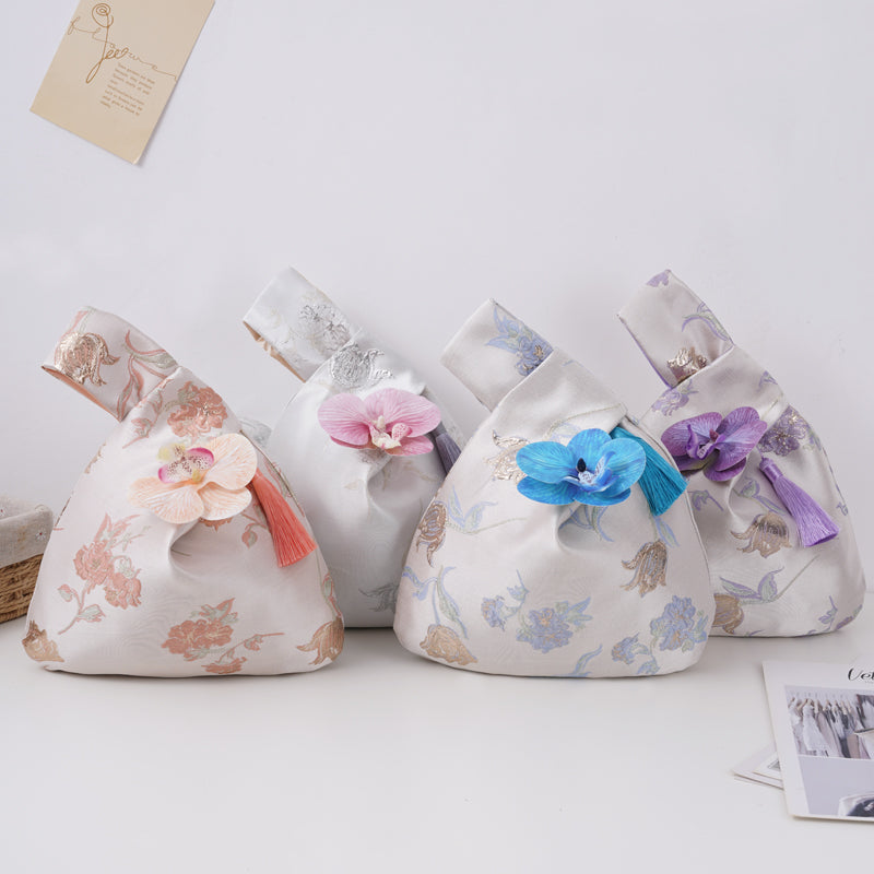 Luxurious Silver Phalaenopsis Brocade Wedding Favor Knot Bag - main view