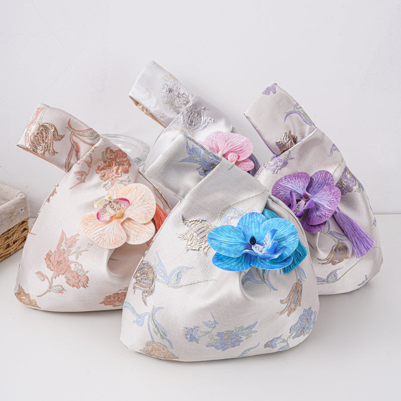 Luxurious Silver Phalaenopsis Brocade Wedding Favor Knot Bag - main view