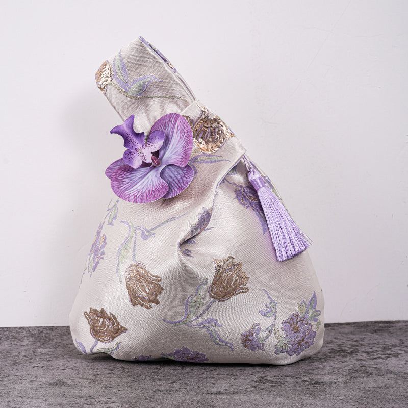Luxurious Silver Phalaenopsis Brocade Wedding Favor Knot Bag