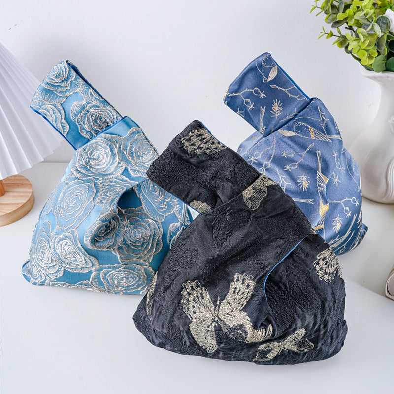 Whimsical Butterfly & Bird Floral Brocade Wedding Favor Knot Bag - Dusty Blue Rose Jacquard