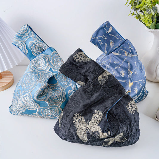 Whimsical Butterfly & Bird Floral Brocade Wedding Favor Knot Bag - Dusty Blue Rose Jacquard