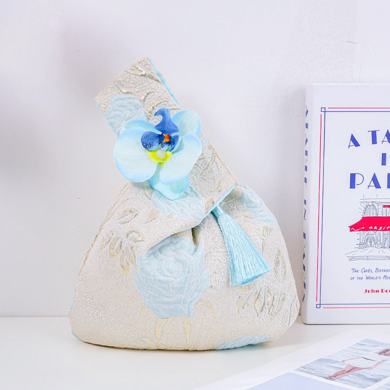 Elegant Rose & Butterfly Floral Brocade Wedding Favor Knot Bag - atmosphere view