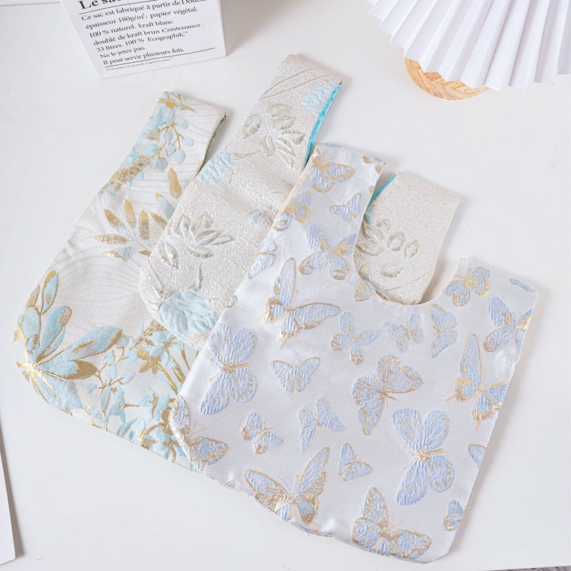 Elegant Rose & Butterfly Floral Brocade Wedding Favor Knot Bag - flatlay view
