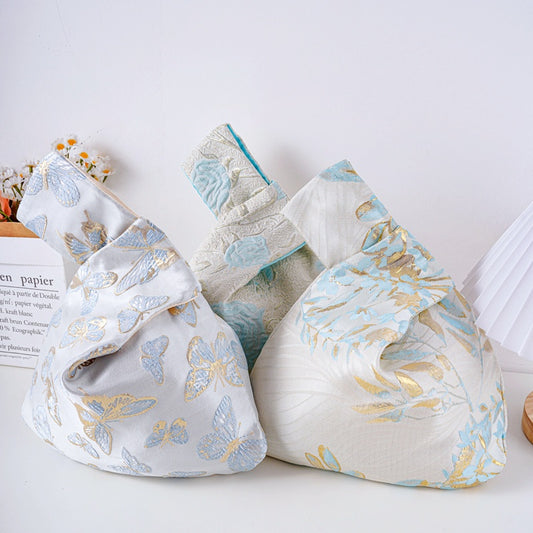 Elegant Rose & Butterfly Floral Brocade Wedding Favor Knot Bag - Gold Leaf