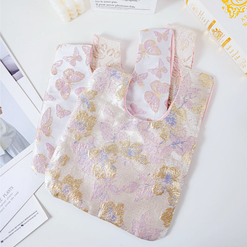 Romantic Rose & Butterfly Brocade Wedding Favor Knot Bag - flatlay view