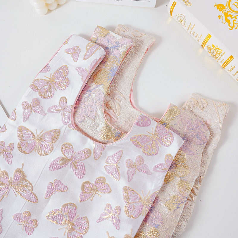 Romantic Rose & Butterfly Brocade Wedding Favor Knot Bag - flatlay view