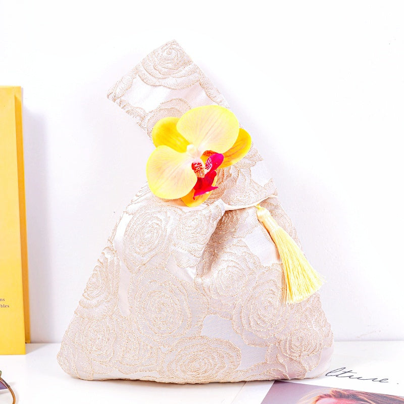 Dreamy Rose & Tulip Floral Brocade Wedding Favor Knot Bag - atmosphere view