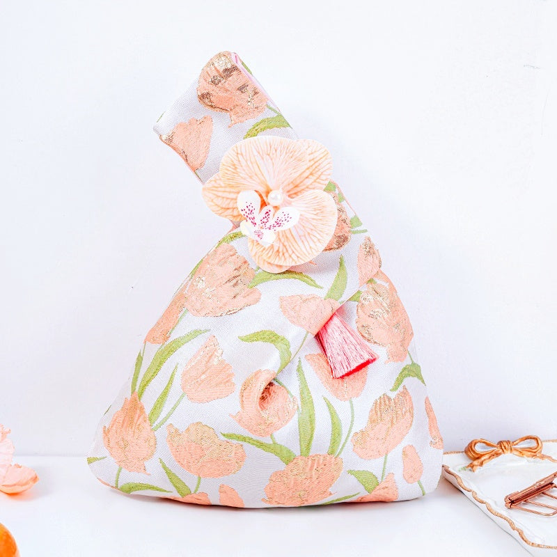 Dreamy Rose & Tulip Floral Brocade Wedding Favor Knot Bag - atmosphere view
