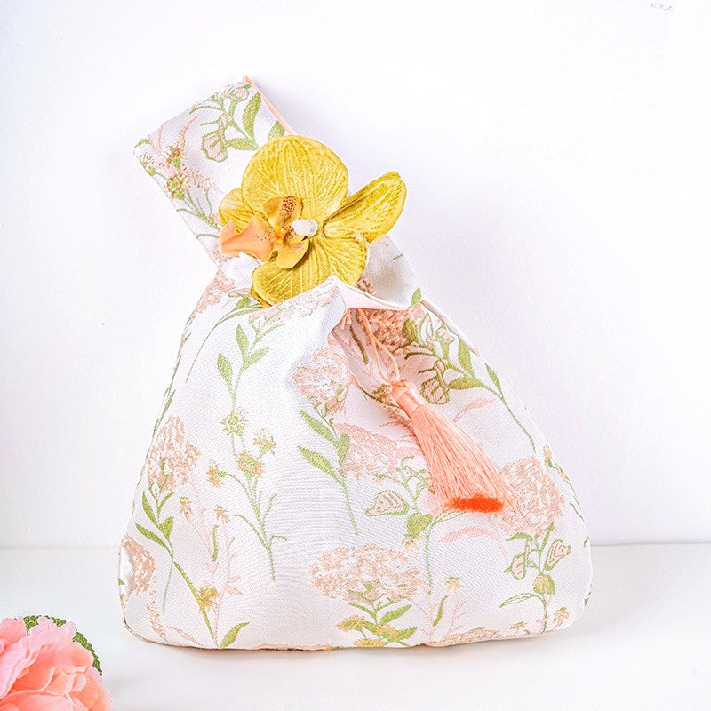 Dreamy Rose & Tulip Floral Brocade Wedding Favor Knot Bag - atmosphere view