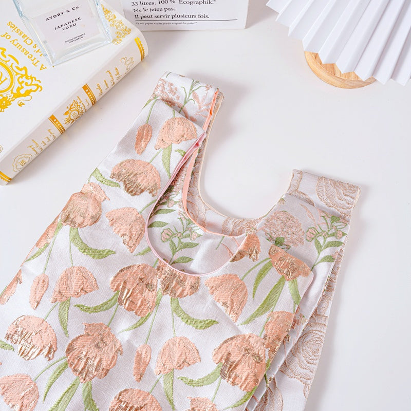 Dreamy Rose & Tulip Floral Brocade Wedding Favor Knot Bag - flatlay view
