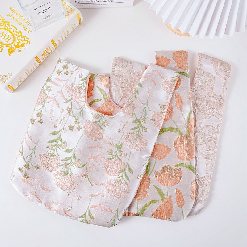 Dreamy Rose & Tulip Floral Brocade Wedding Favor Knot Bag - flatlay view