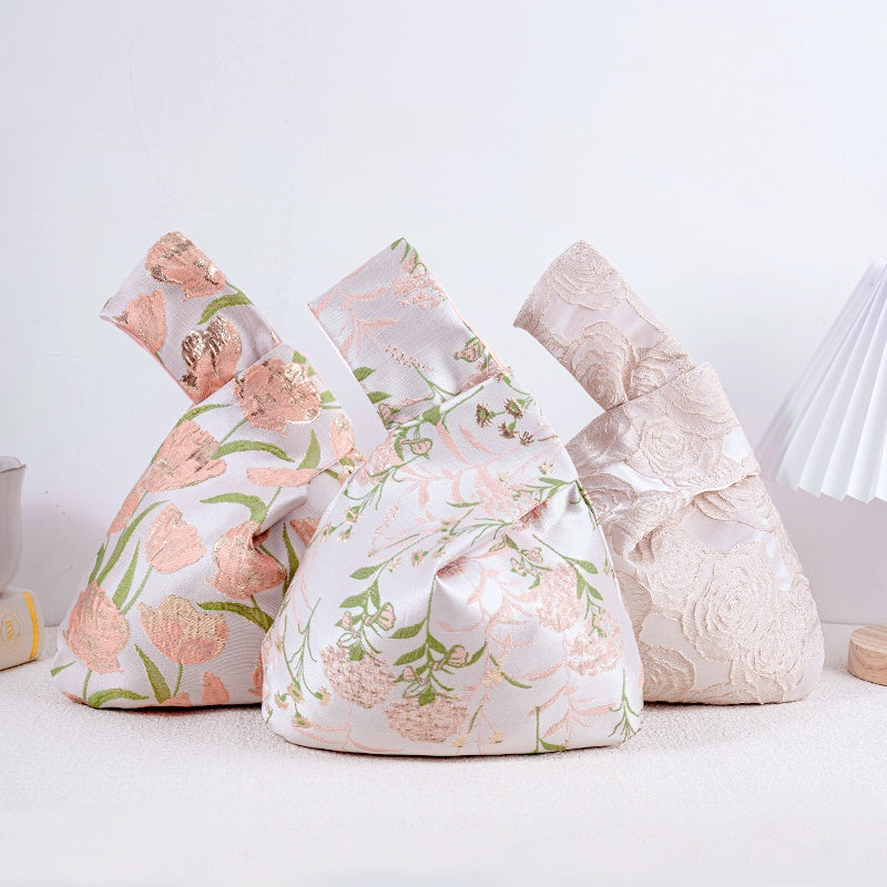 Dreamy Rose & Tulip Floral Brocade Wedding Favor Knot Bag - main view