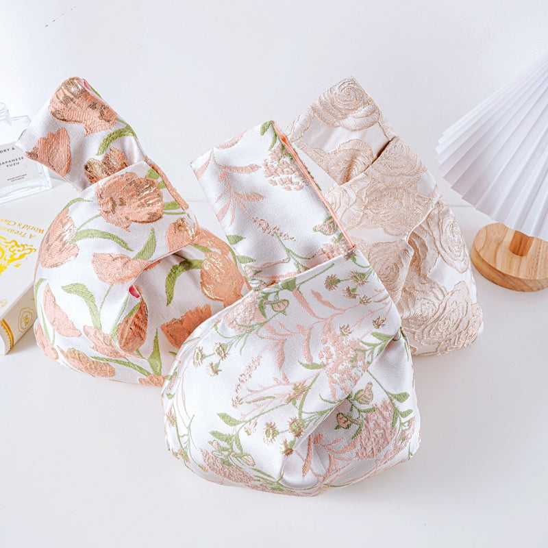 Dreamy Rose & Tulip Floral Brocade Wedding Favor Knot Bag - Pink Hydrangea