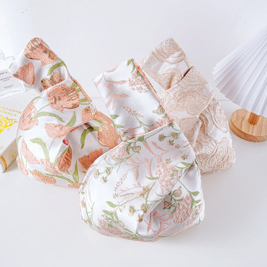 Dreamy Rose & Tulip Floral Brocade Wedding Favor Knot Bag - Pink Hydrangea