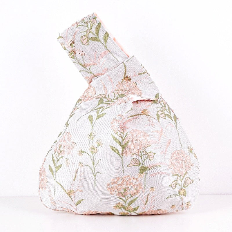 Dreamy Rose & Tulip & HydrangeaFloral Brocade Wedding Favor Knot Bag