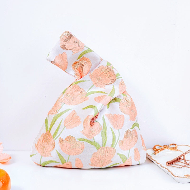 Dreamy Rose & Tulip & HydrangeaFloral Brocade Wedding Favor Knot Bag