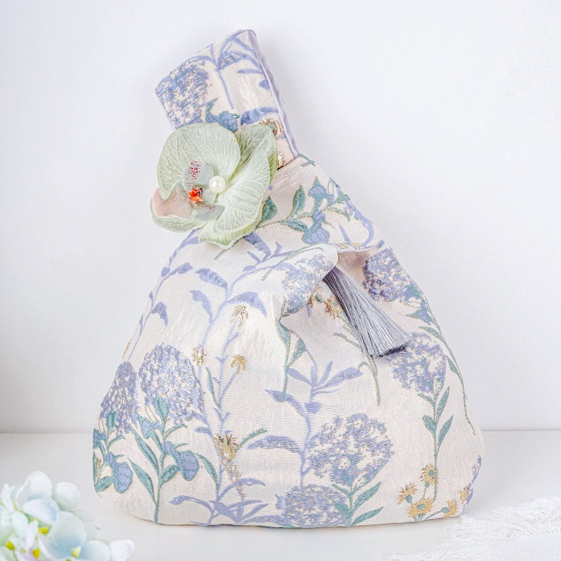 Ethereal Cherry Blossom & Rose Floral Brocade Wedding Favor Knot Bag - atmosphere view