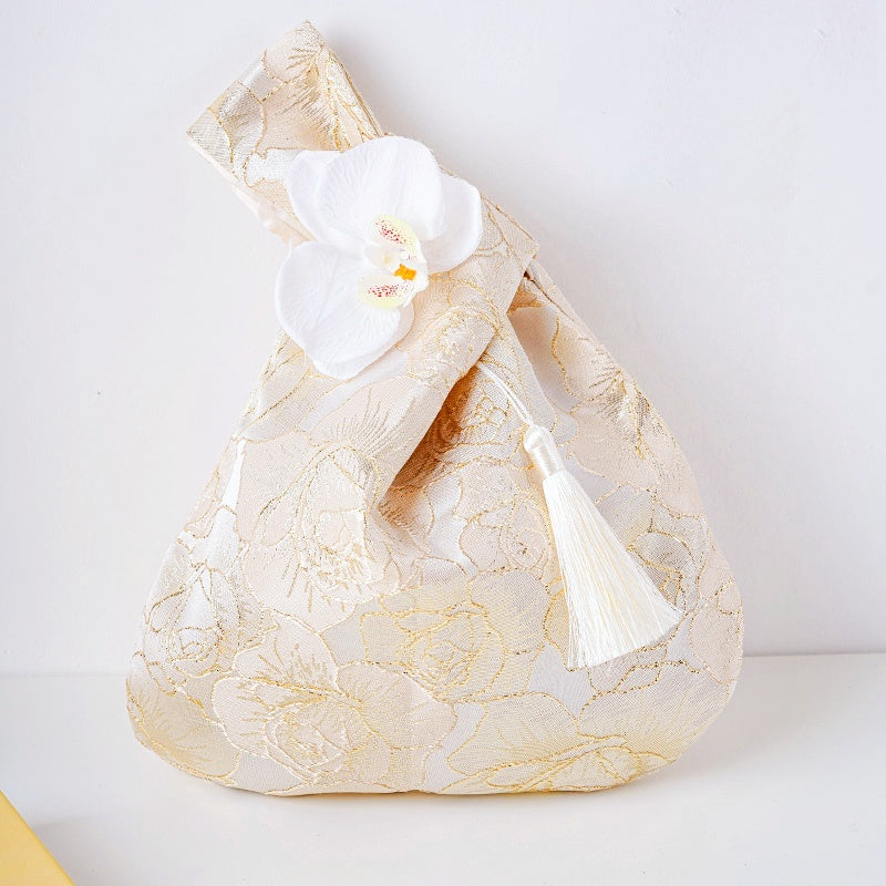 Ethereal Cherry Blossom & Rose Floral Brocade Wedding Favor Knot Bag - atmosphere view