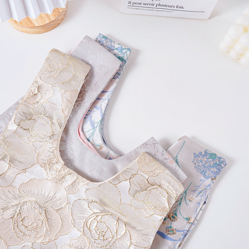 Ethereal Cherry Blossom & Rose Floral Brocade Wedding Favor Knot Bag - flatlay view