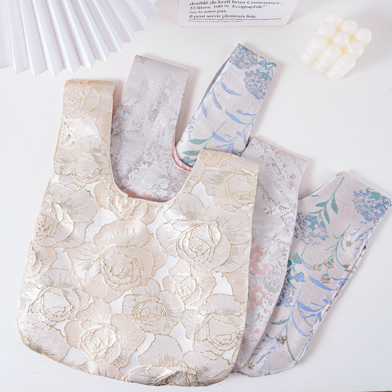 Ethereal Cherry Blossom & Rose Floral Brocade Wedding Favor Knot Bag - flatlay view