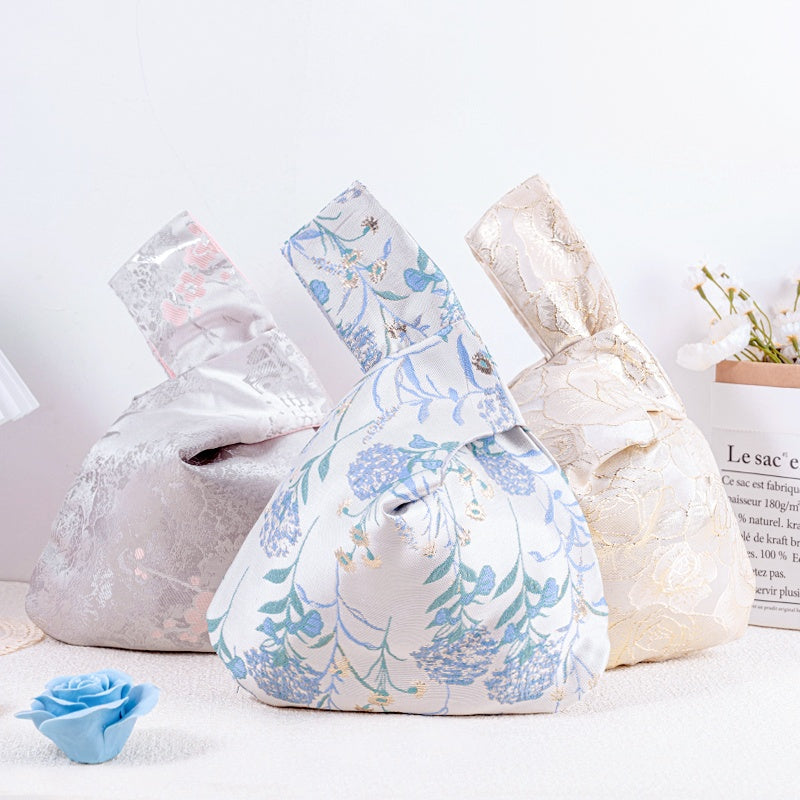 Ethereal Cherry Blossom & Rose Floral Brocade Wedding Favor Knot Bag - Silver Cherry Blossom