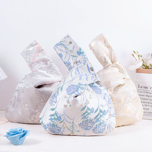 Ethereal Cherry Blossom & Rose Floral Brocade Wedding Favor Knot Bag - Silver Cherry Blossom