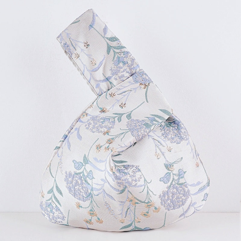 Ethereal Blue Hydrangea & Cherry Blossom Floral Brocade Wedding Favor Knot Bag