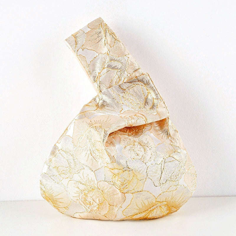 Ethereal Blue Hydrangea & Cherry Blossom Floral Brocade Wedding Favor Knot Bag