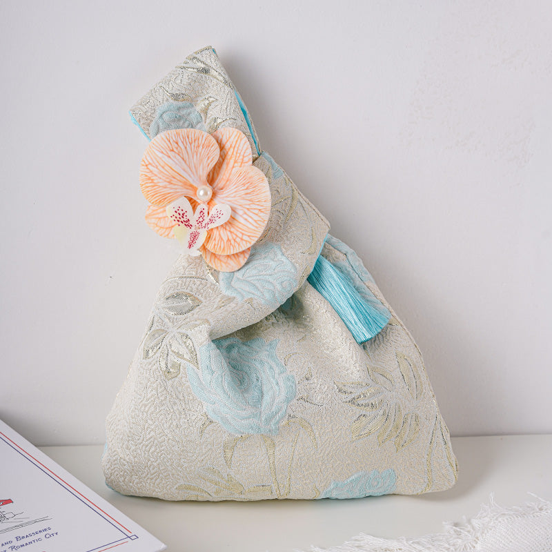 Japanese Knot Bag,Wrist Bag, Embroidered Tote Bag,Wedding Gift Tote,Bridesmaid Bag