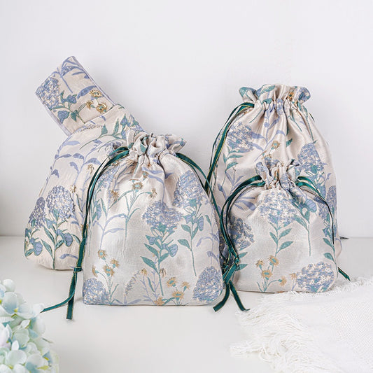 Blue Hydrangea Brocade Drawstring Favor Bags, Embroidered Satin Evening Wedding Bridesmaid Gift Pouch