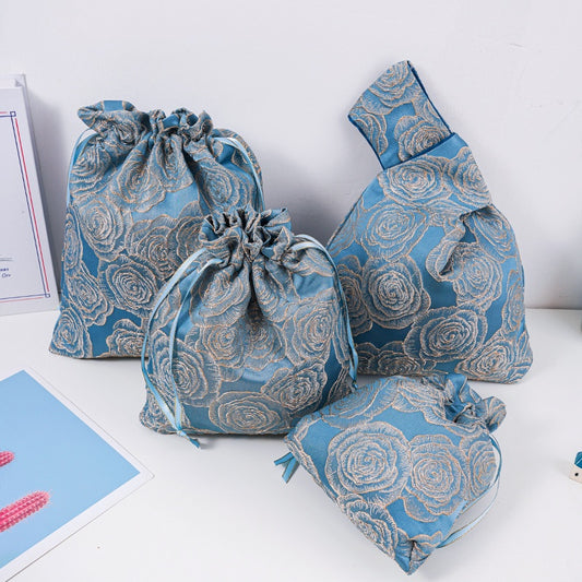 Golden Rose Brocade Drawstring Favor Bags, Embroidered Satin Evening Wedding Bridesmaid Gift Pouch