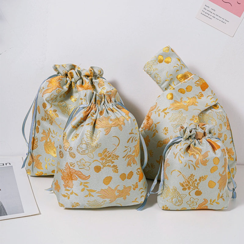 Golden Goldfish Brocade Drawstring Favor Bags, Embroidered Satin Evening Wedding Bridesmaid Gift Pouch