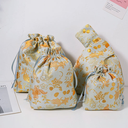 Golden Goldfish Brocade Drawstring Favor Bags, Embroidered Satin Evening Wedding Bridesmaid Gift Pouch